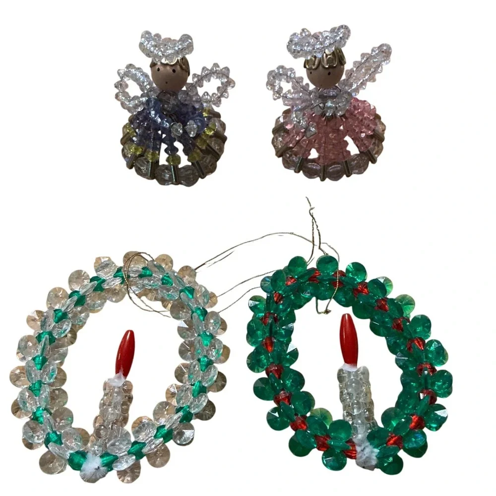 Vintage Handmade Beaded Angel safety pin‎ & Candle Wreath Ornaments